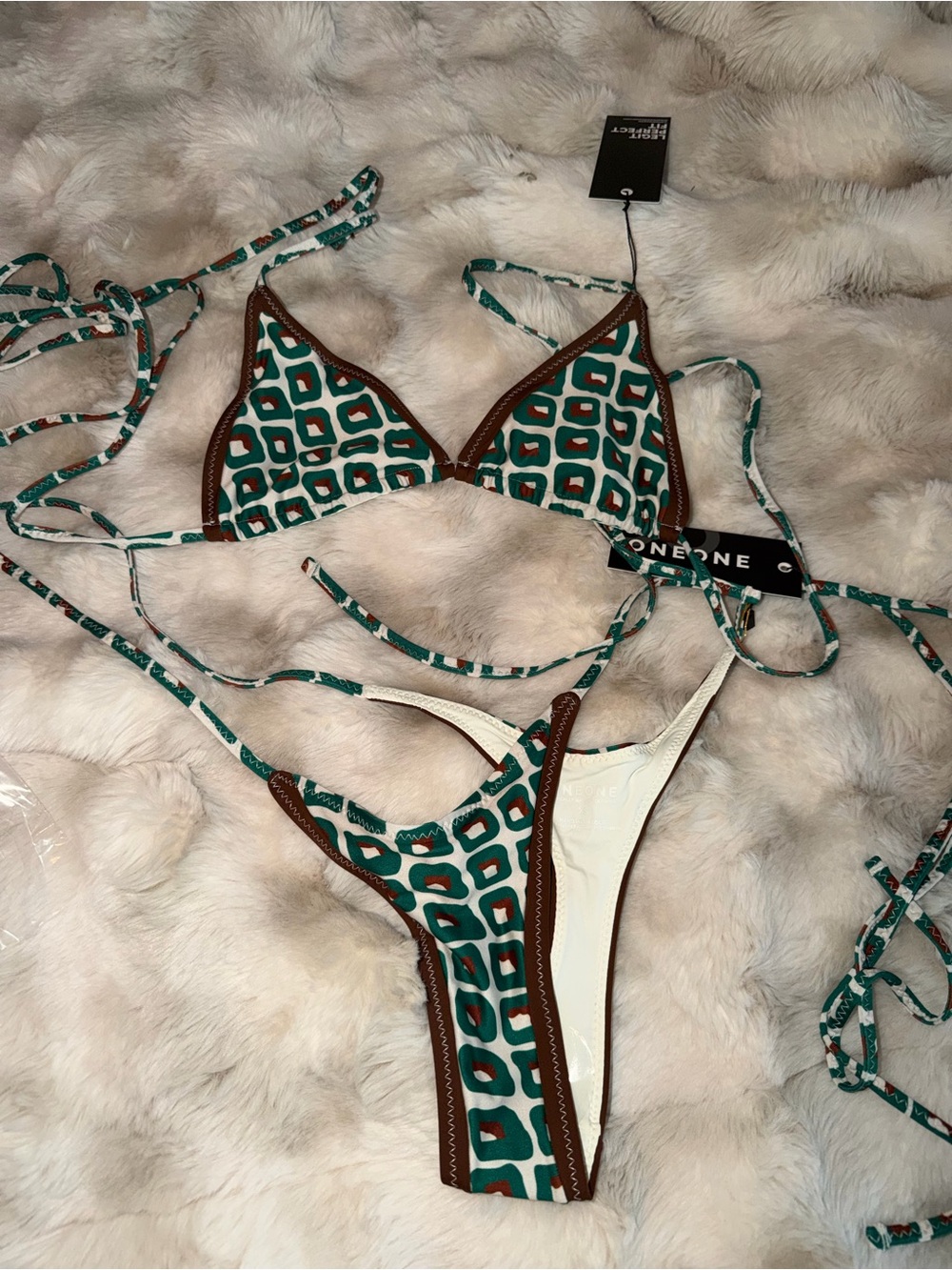 One One Green Geometric Triangle Bikini with Brown Trim ONEONE TOP M bottom S